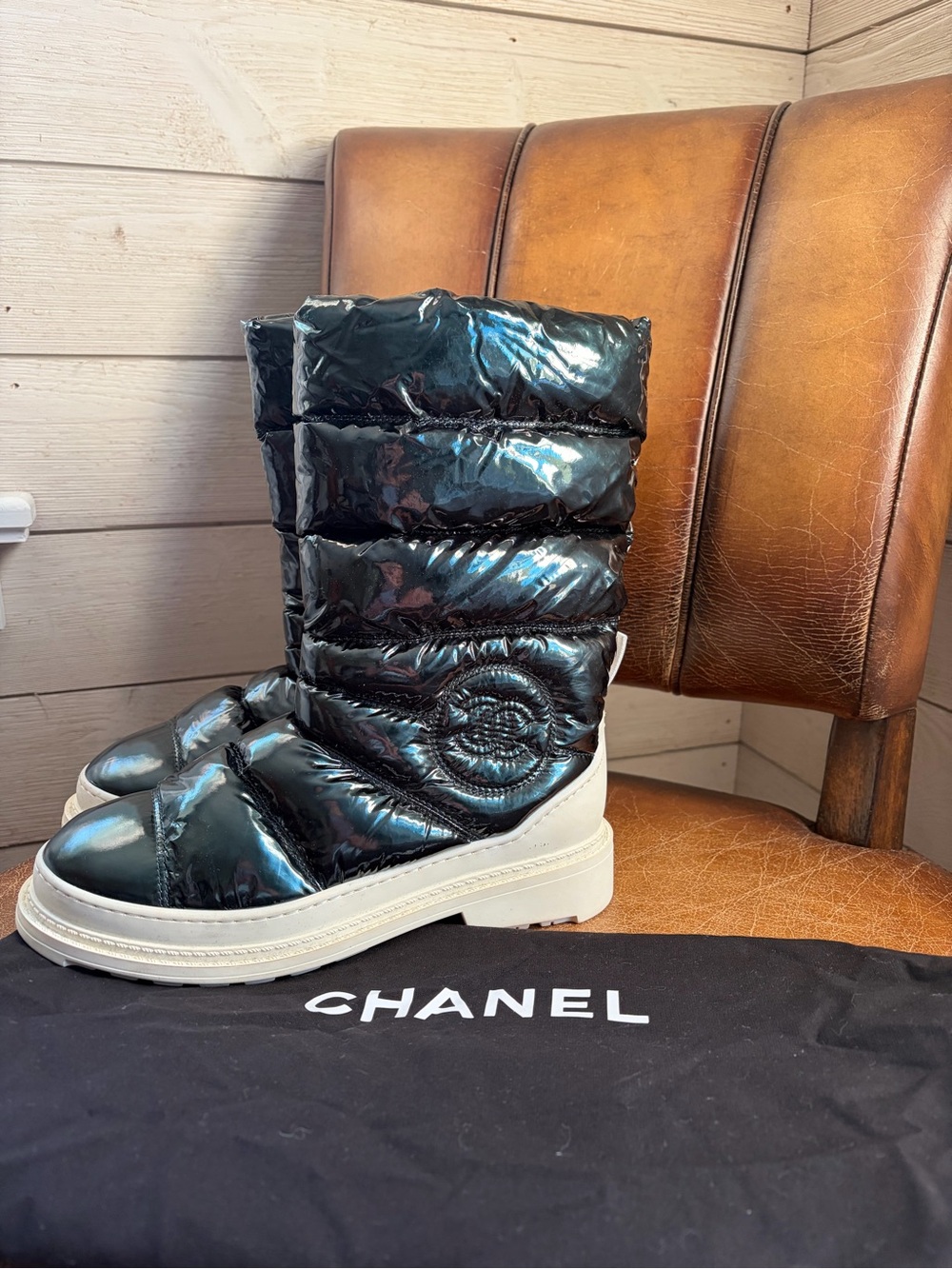 CHANEL Iridescent Green Quilted Puffer Boots with Cream Sole Accent